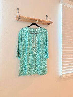 Embroidered Aqua Patterned Long Sleeve Tee